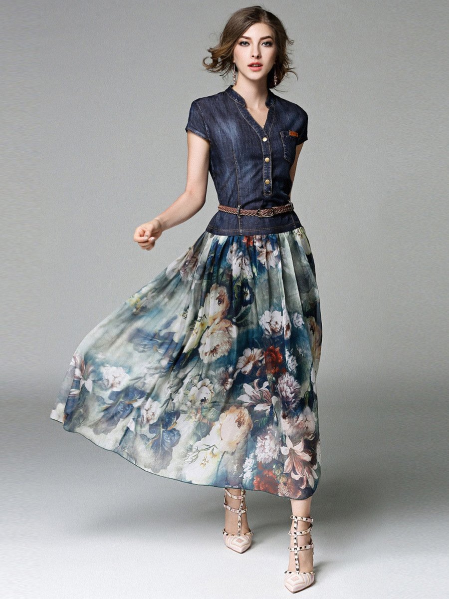 OEM Casual Vintage Office Washed Sleeveless With Belt Undefined Floral Print Ladies Denim Jean Women Dress 2023