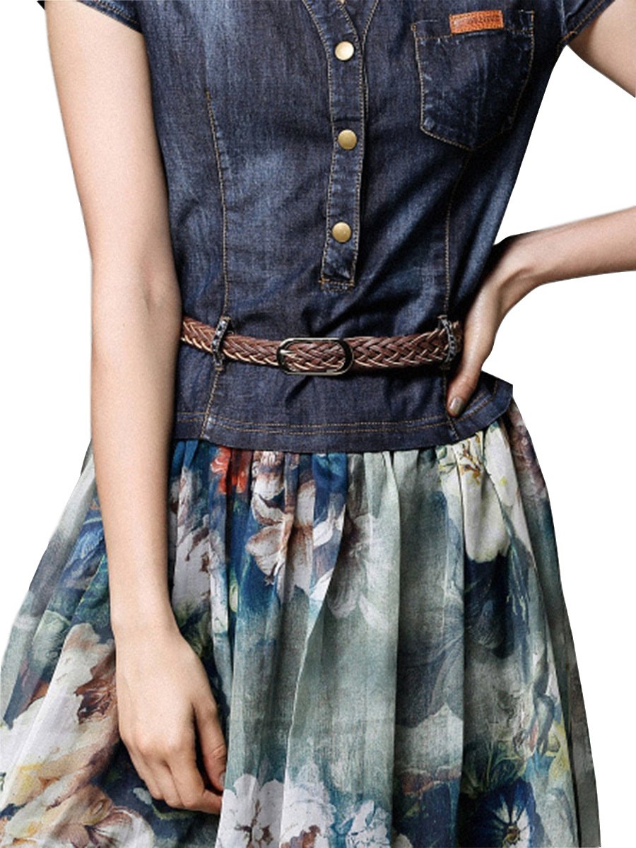 OEM Casual Vintage Office Washed Sleeveless With Belt Undefined Floral Print Ladies Denim Jean Women Dress 2023
