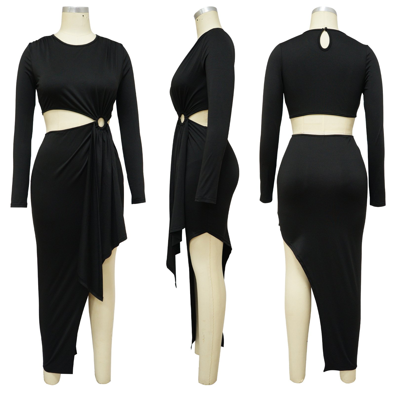 2024 Wholesale Autumn Women's New Slim Evening Dresses Long Sleeve O-neck Lateral Dew Waist Dress Women Elegant Casual Dresses