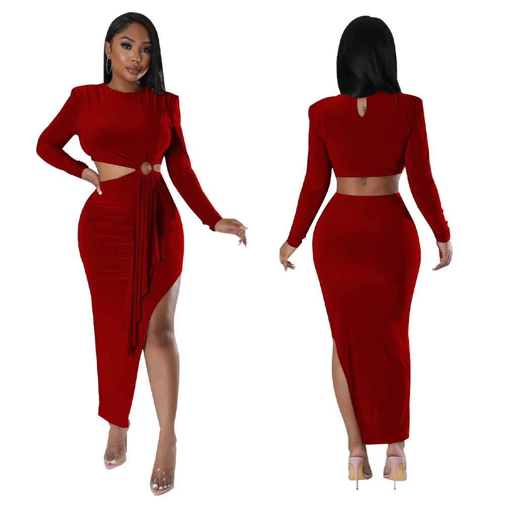 2024 Wholesale Autumn Women's New Slim Evening Dresses Long Sleeve O-neck Lateral Dew Waist Dress Women Elegant Casual Dresses