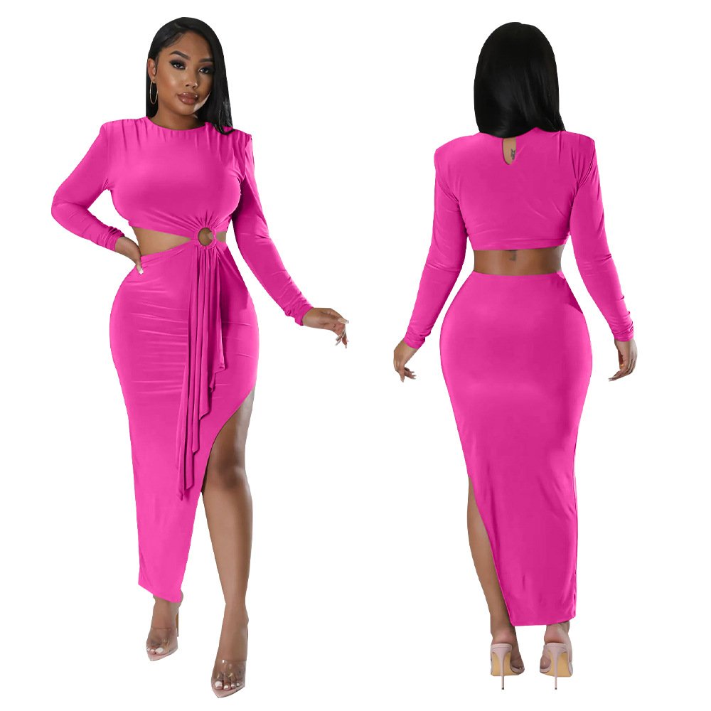 2024 Wholesale Autumn Women's New Slim Evening Dresses Long Sleeve O-neck Lateral Dew Waist Dress Women Elegant Casual Dresses