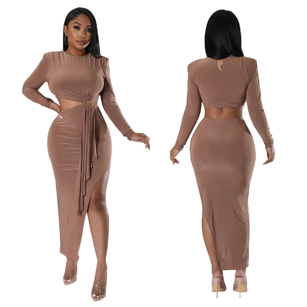 2024 Wholesale Autumn Women's New Slim Evening Dresses Long Sleeve O-neck Lateral Dew Waist Dress Women Elegant Casual Dresses