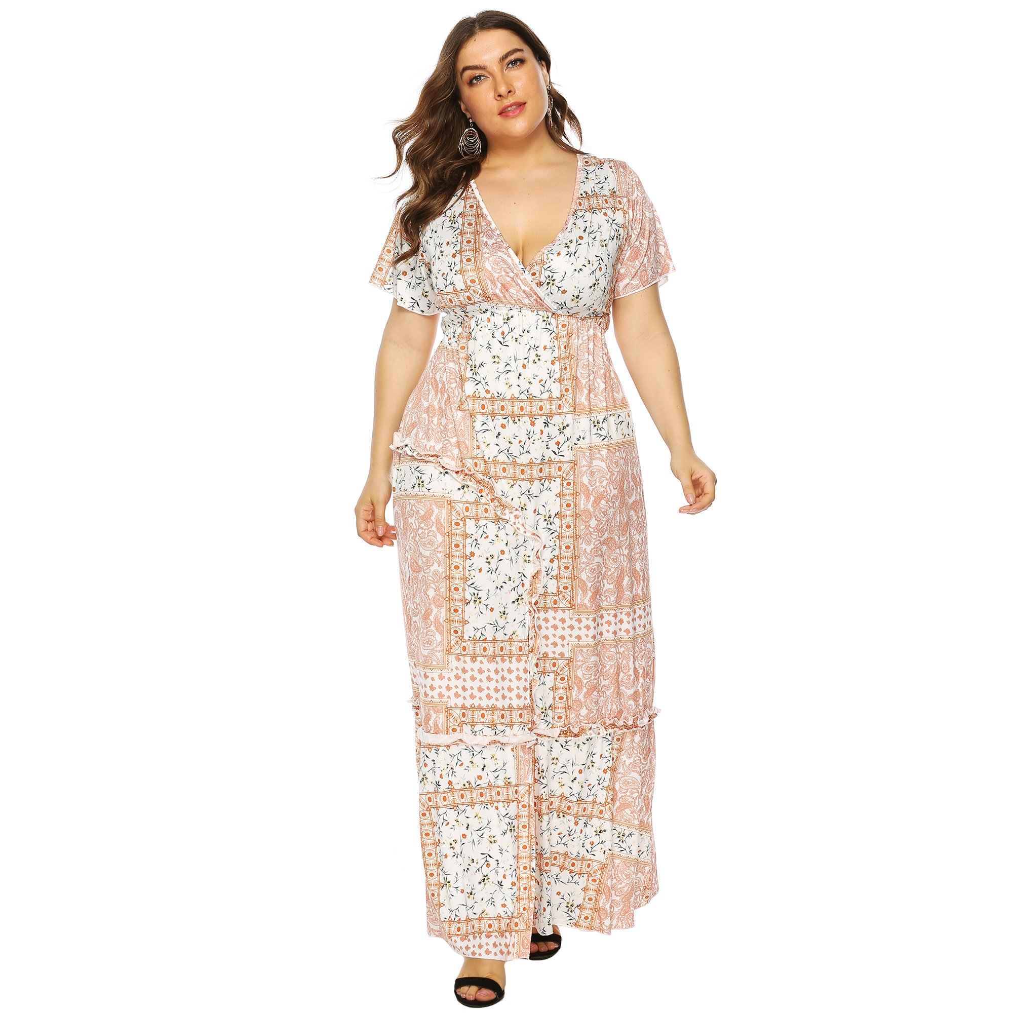 OEM Wholesale Plus Size Women Vintage Print Deep V Short Sleeve Tunic Long Maxi Dress