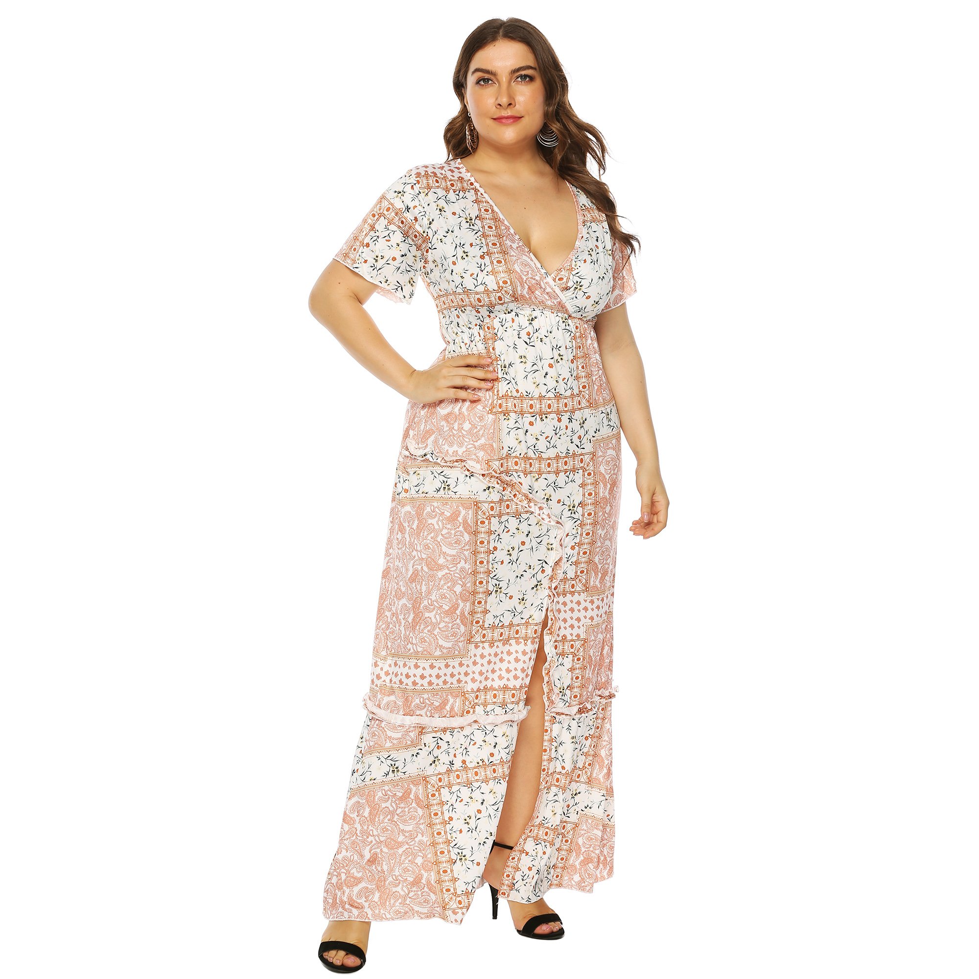 OEM Wholesale Plus Size Women Vintage Print Deep V Short Sleeve Tunic Long Maxi Dress