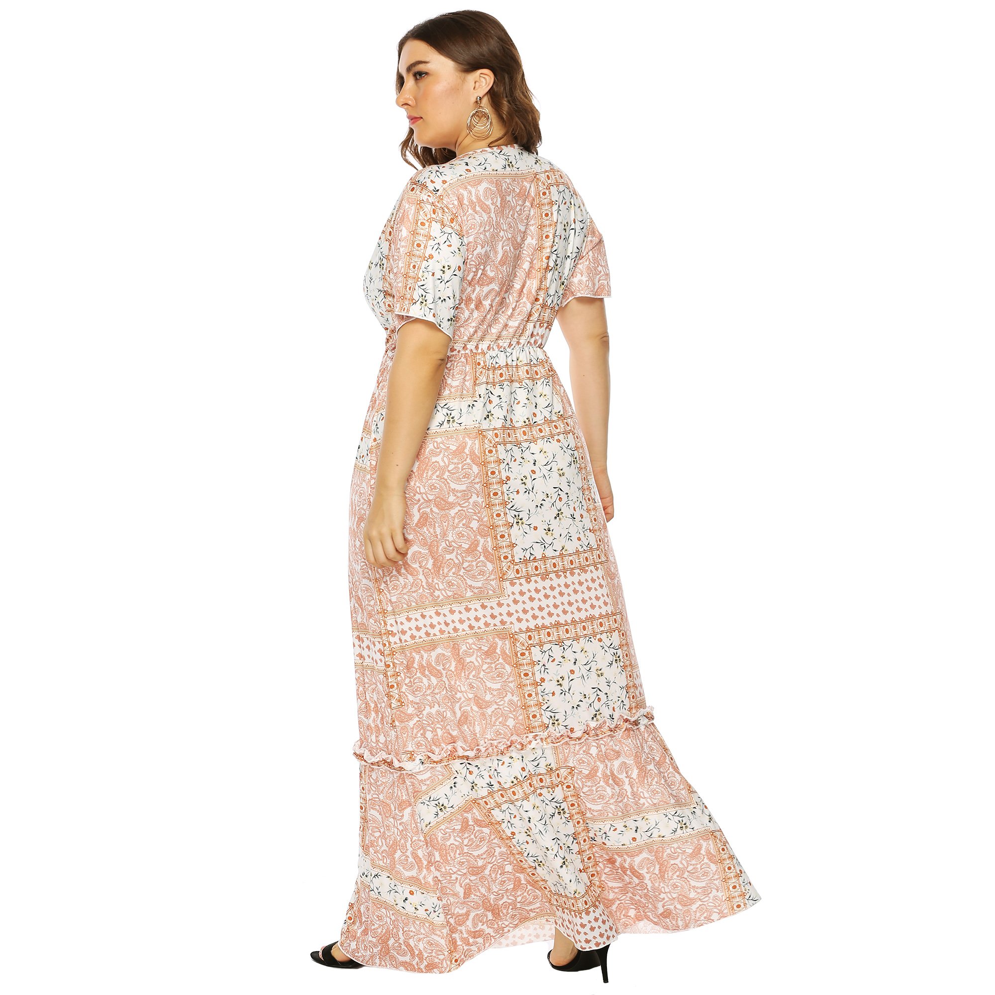 OEM Wholesale Plus Size Women Vintage Print Deep V Short Sleeve Tunic Long Maxi Dress