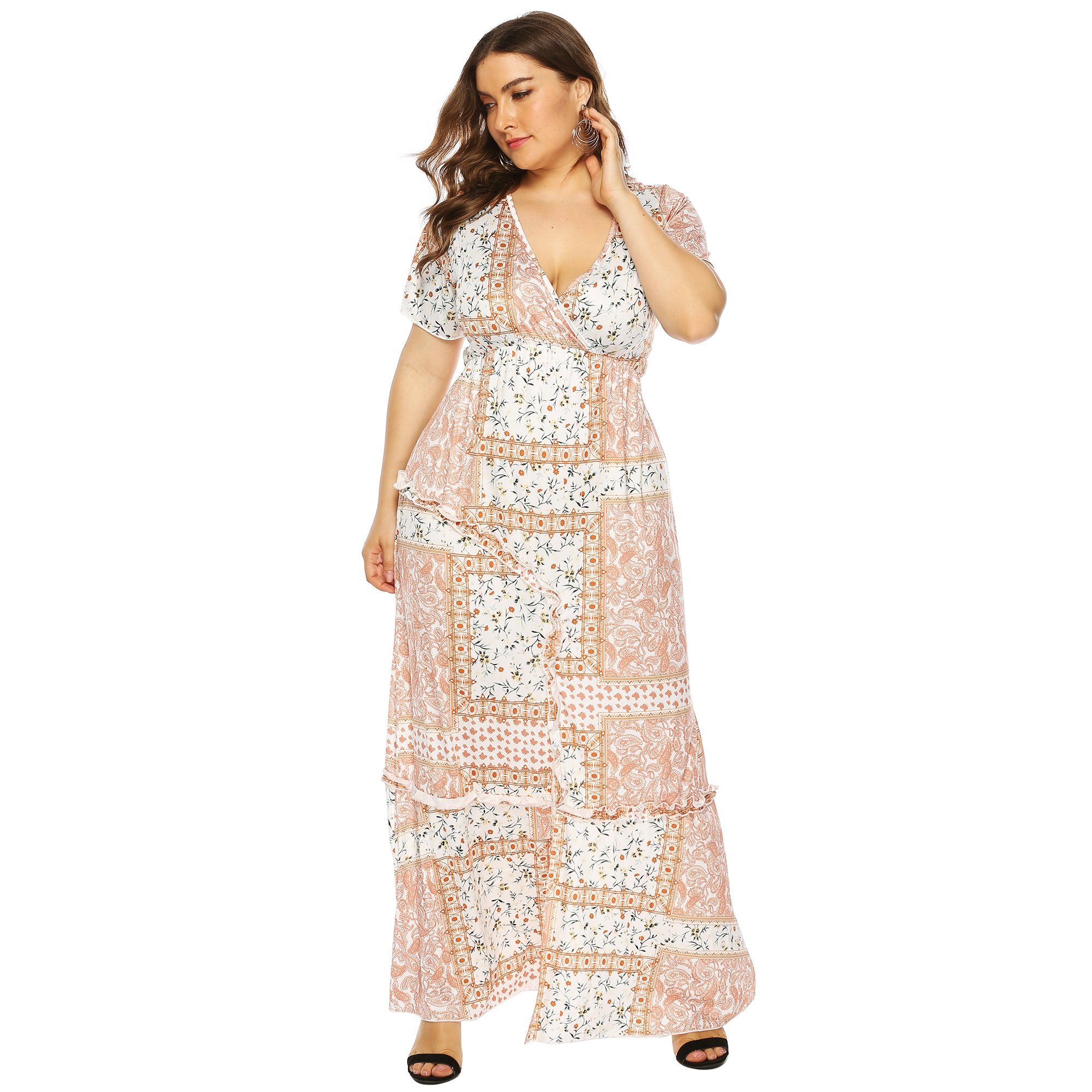 OEM Wholesale Plus Size Women Vintage Print Deep V Short Sleeve Tunic Long Maxi Dress