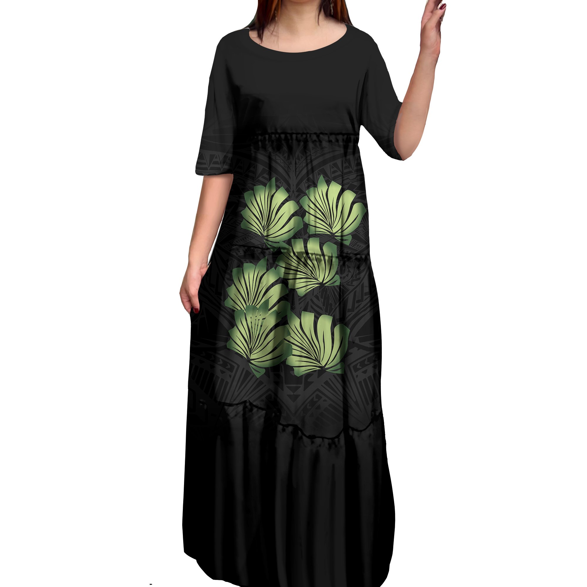 New Fashion Custom Pacific Island Art Print Ruffle Tiered Dress Crew Neck Polynesian Maxi Dresses Women Half Sleeve Loose Dress