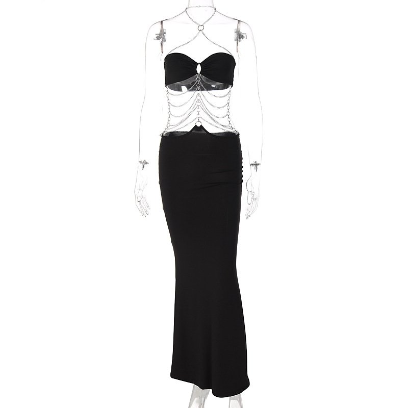 L31080 New Fashion Sexy Halter Sleeveless Hollow Out Chain Women Dress Casual Dresses Natural Digital Printing Knit Adults Midi