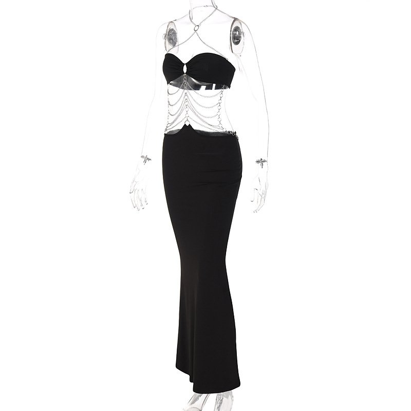L31080 New Fashion Sexy Halter Sleeveless Hollow Out Chain Women Dress Casual Dresses Natural Digital Printing Knit Adults Midi