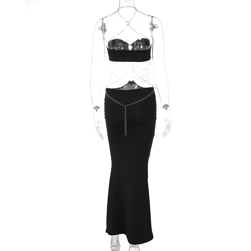L31080 New Fashion Sexy Halter Sleeveless Hollow Out Chain Women Dress Casual Dresses Natural Digital Printing Knit Adults Midi