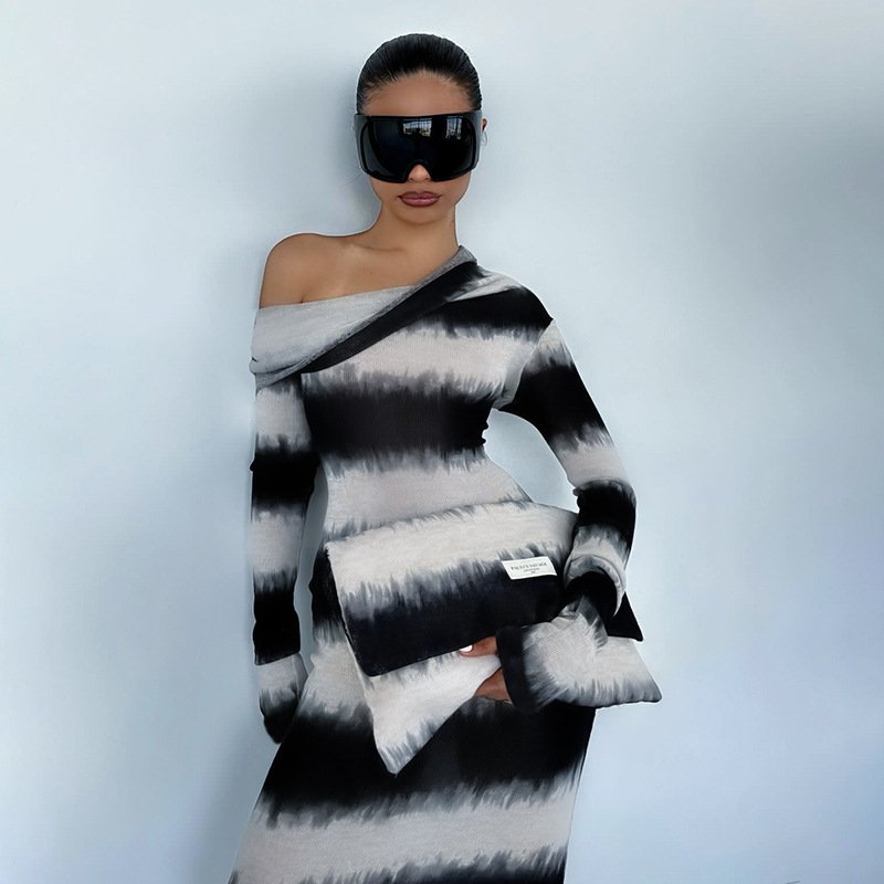 Charm 2024 Hot Sale Blending Black White Stripes Asymmetric Off-Shoulder Pile Collar Long-Sleeved Dress For Women