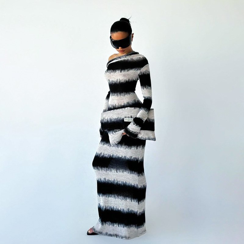 Charm 2024 Hot Sale Blending Black White Stripes Asymmetric Off-Shoulder Pile Collar Long-Sleeved Dress For Women