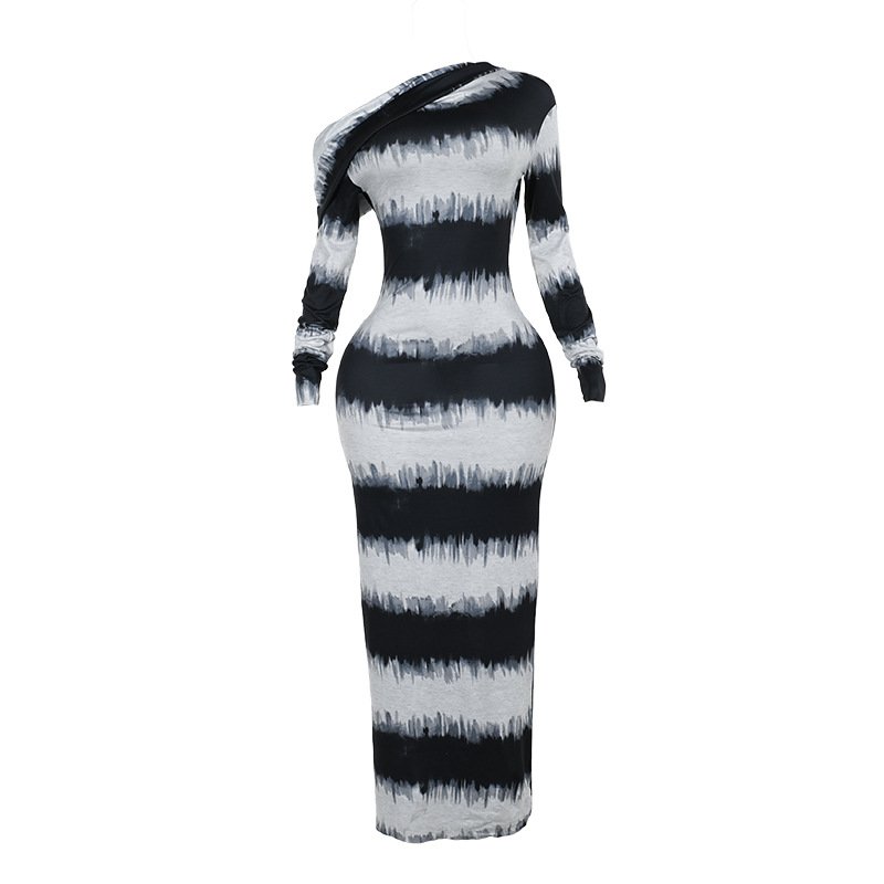 Charm 2024 Hot Sale Blending Black White Stripes Asymmetric Off-Shoulder Pile Collar Long-Sleeved Dress For Women
