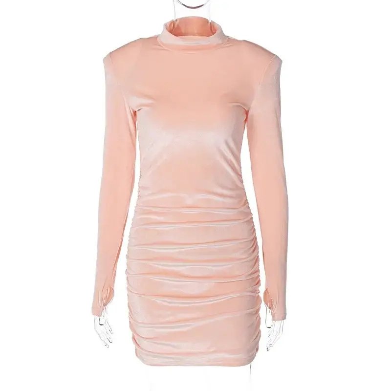Velvet Ruched Long Sleeve Mini Women Elegant Evening Lady Women Bodycon Solid Dress 2022