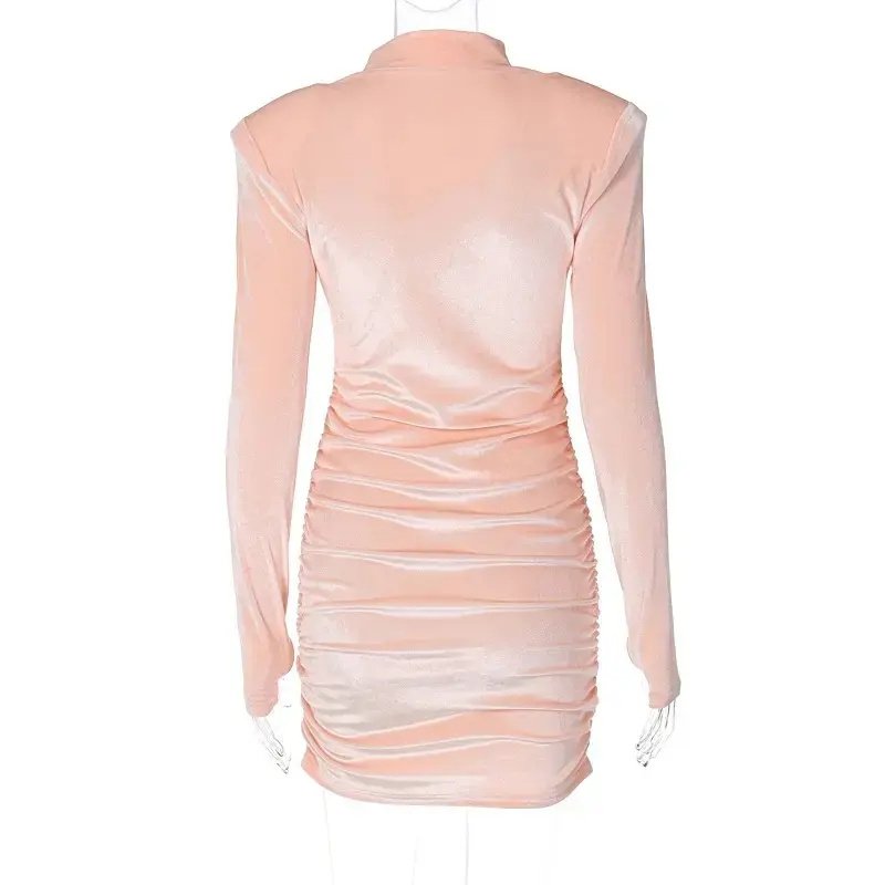 Velvet Ruched Long Sleeve Mini Women Elegant Evening Lady Women Bodycon Solid Dress 2022
