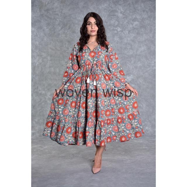 Latest Vintage Women's Casual Dresses Elegant Long Ukrainian Dress with Hand Block Floral Print