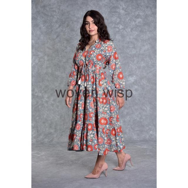 Latest Vintage Women's Casual Dresses Elegant Long Ukrainian Dress with Hand Block Floral Print