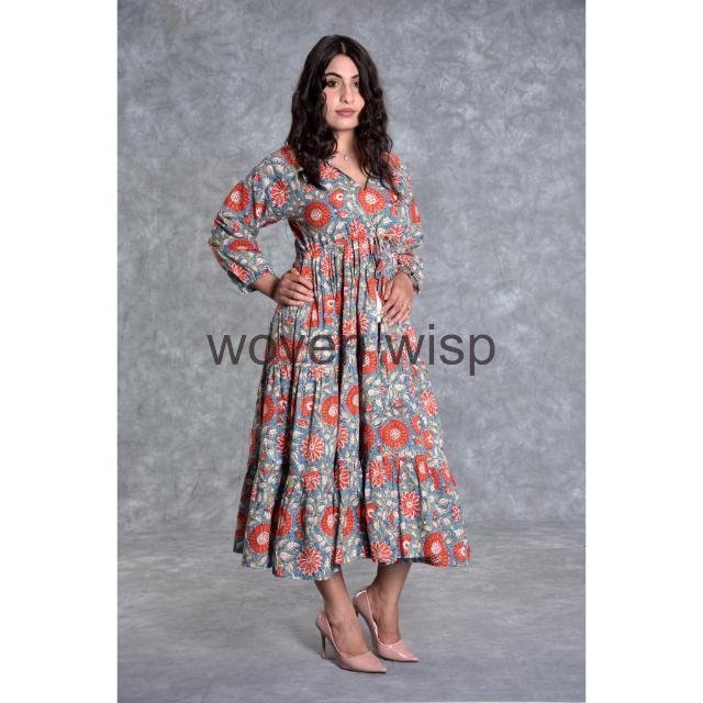 Latest Vintage Women's Casual Dresses Elegant Long Ukrainian Dress with Hand Block Floral Print