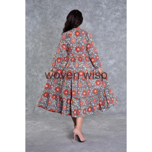 Latest Vintage Women's Casual Dresses Elegant Long Ukrainian Dress with Hand Block Floral Print