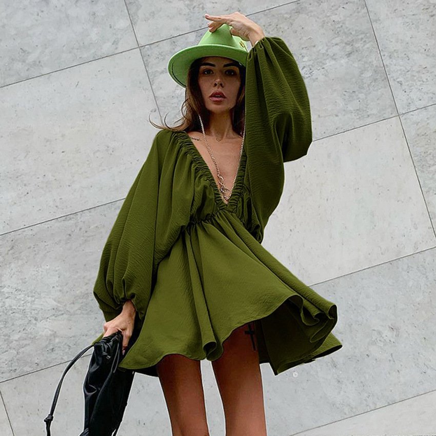 French Hot Selling New Fashion retro Long Lantern Sleeve A-Line Green vintage solid V-neck women dresses