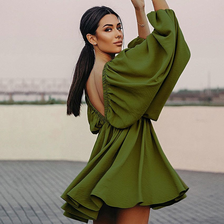 French Hot Selling New Fashion retro Long Lantern Sleeve A-Line Green vintage solid V-neck women dresses