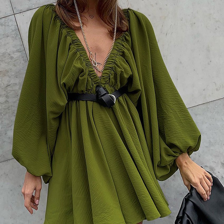 French Hot Selling New Fashion retro Long Lantern Sleeve A-Line Green vintage solid V-neck women dresses