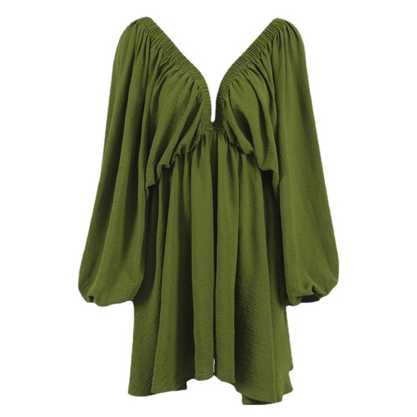 French Hot Selling New Fashion retro Long Lantern Sleeve A-Line Green vintage solid V-neck women dresses