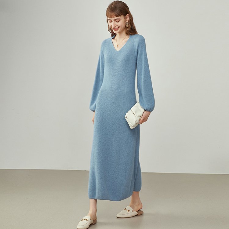Knitwear factory custom blue V neck long sleeve knit dress fashion casual women loose sweater dress