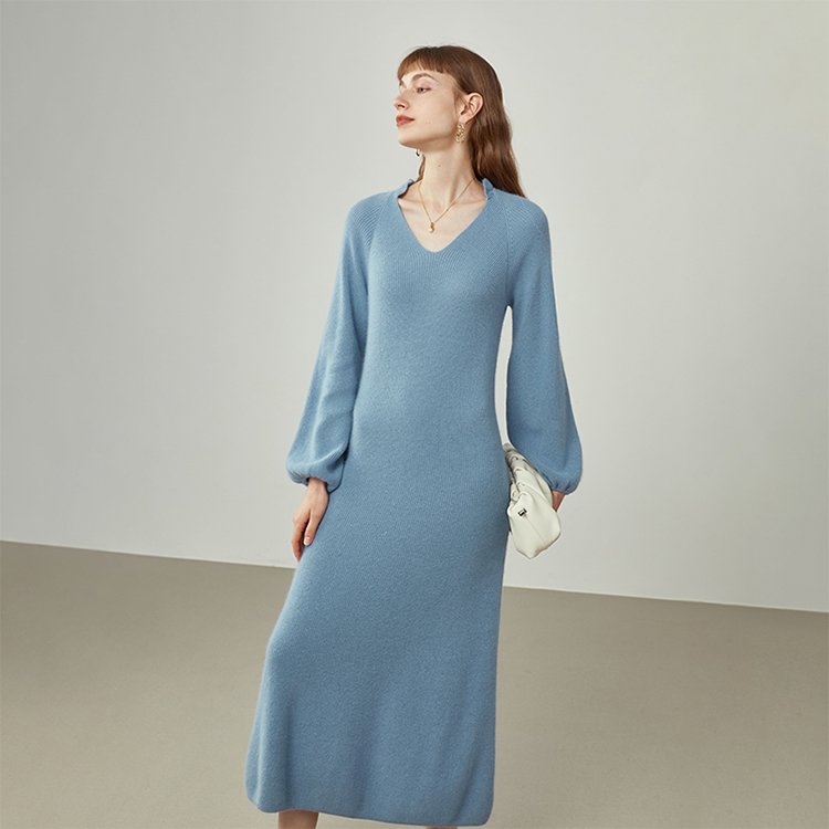 Knitwear factory custom blue V neck long sleeve knit dress fashion casual women loose sweater dress