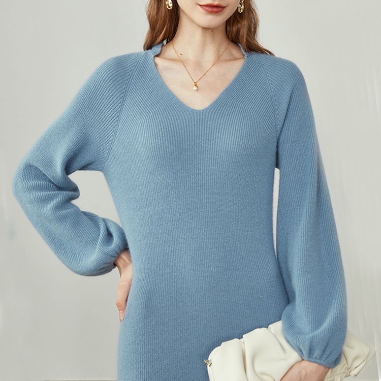 Knitwear factory custom blue V neck long sleeve knit dress fashion casual women loose sweater dress