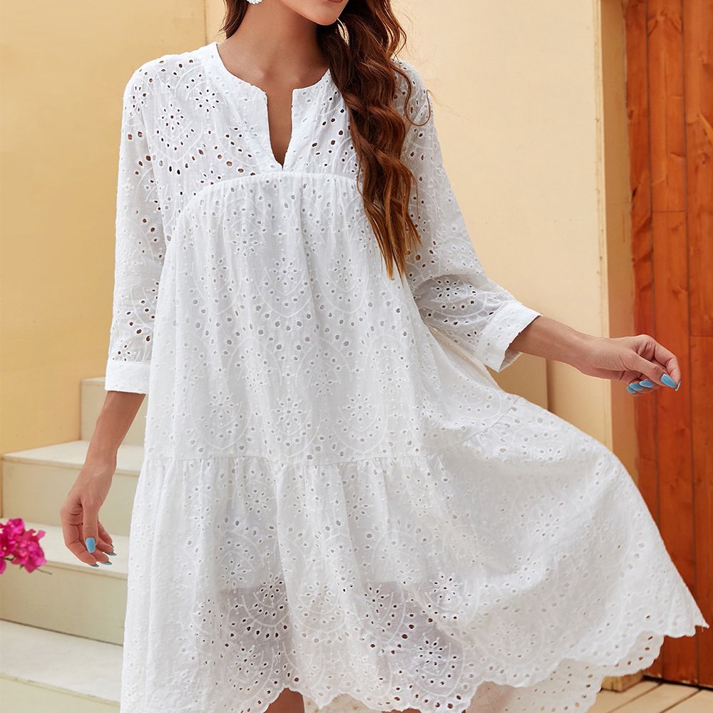 Summer Women Three Quarters Deep V Sleeve Flounces Under Dress Hollow Up Mid Casual Dress