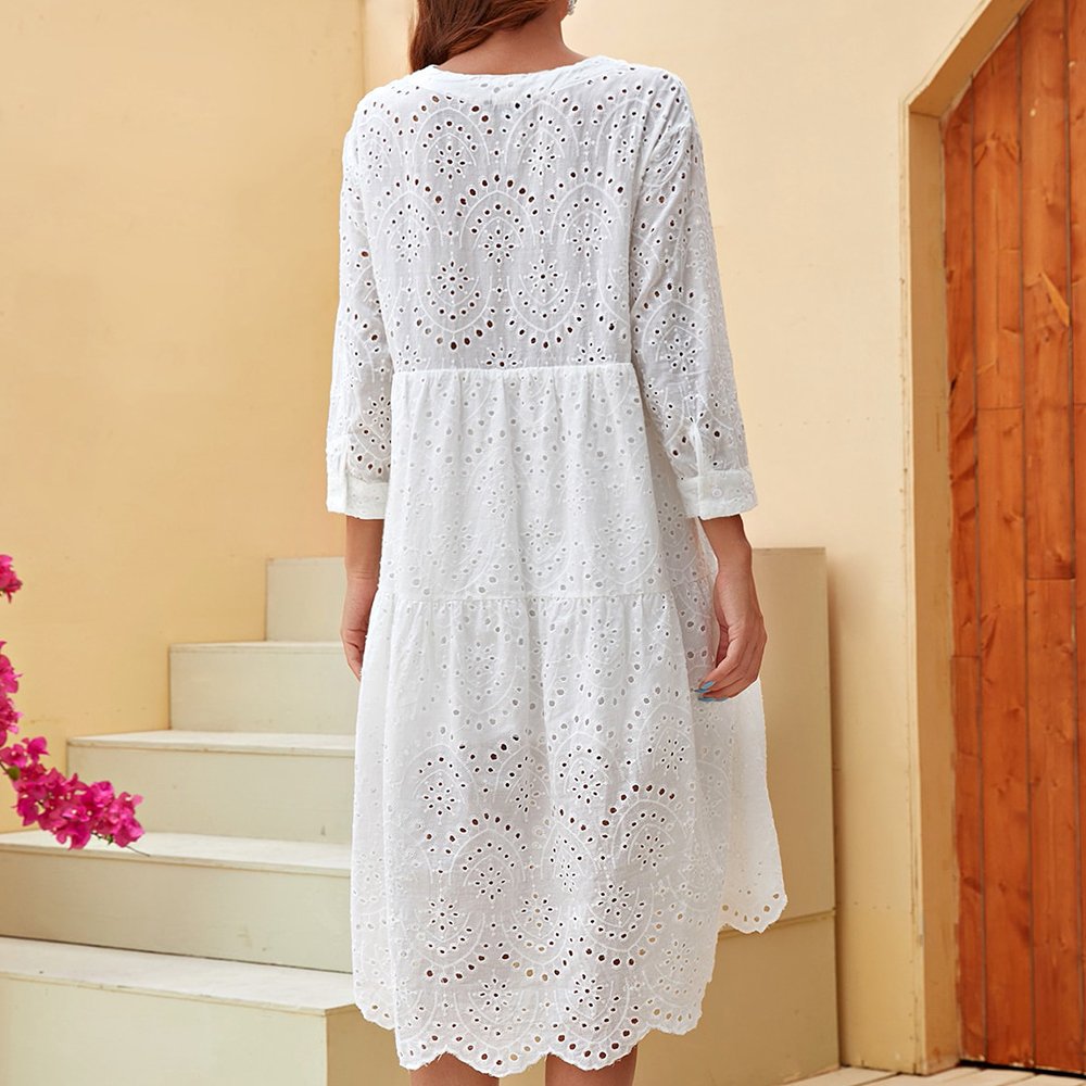 Summer Women Three Quarters Deep V Sleeve Flounces Under Dress Hollow Up Mid Casual Dress
