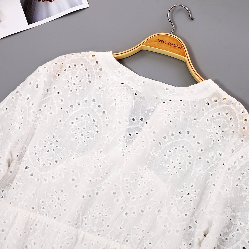 Summer Women Three Quarters Deep V Sleeve Flounces Under Dress Hollow Up Mid Casual Dress