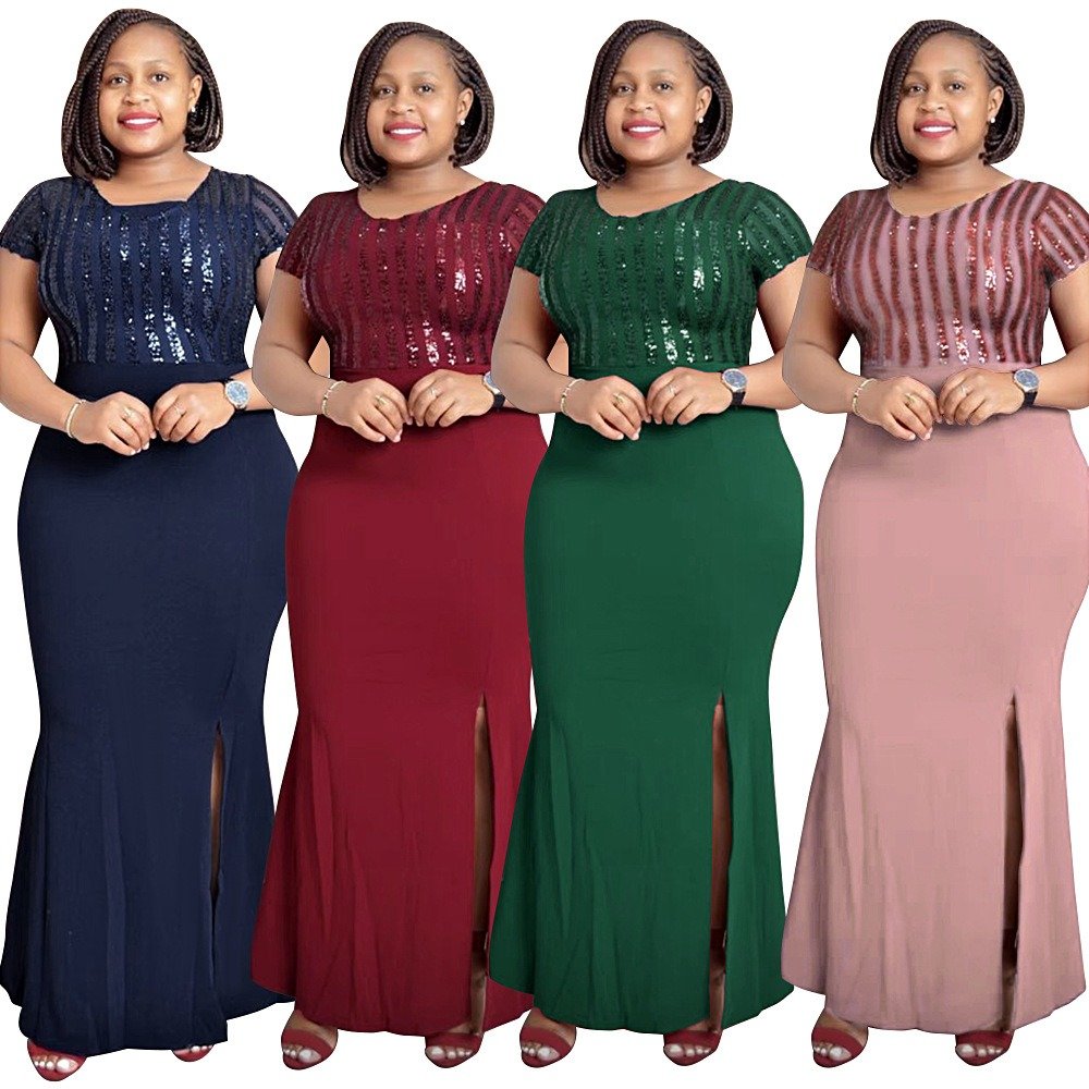 K0055 African women's wear party evening dress plus size round neck solid color dresses European lace robe femme