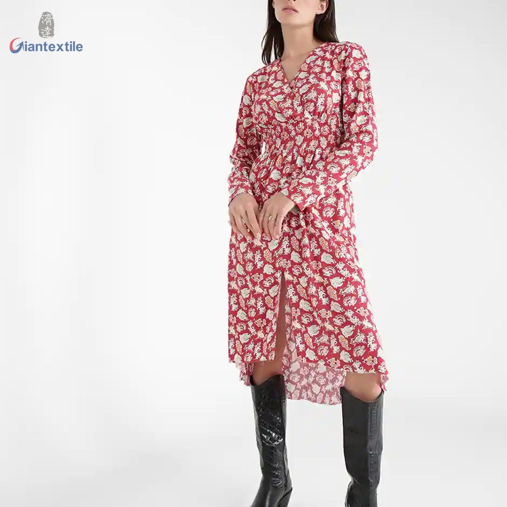 Support Custom Long-Sleeve Floral Print 100% Viscose Women Print Dress With V-neck