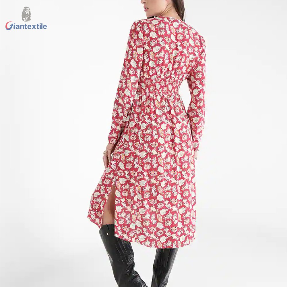 Support Custom Long-Sleeve Floral Print 100% Viscose Women Print Dress With V-neck
