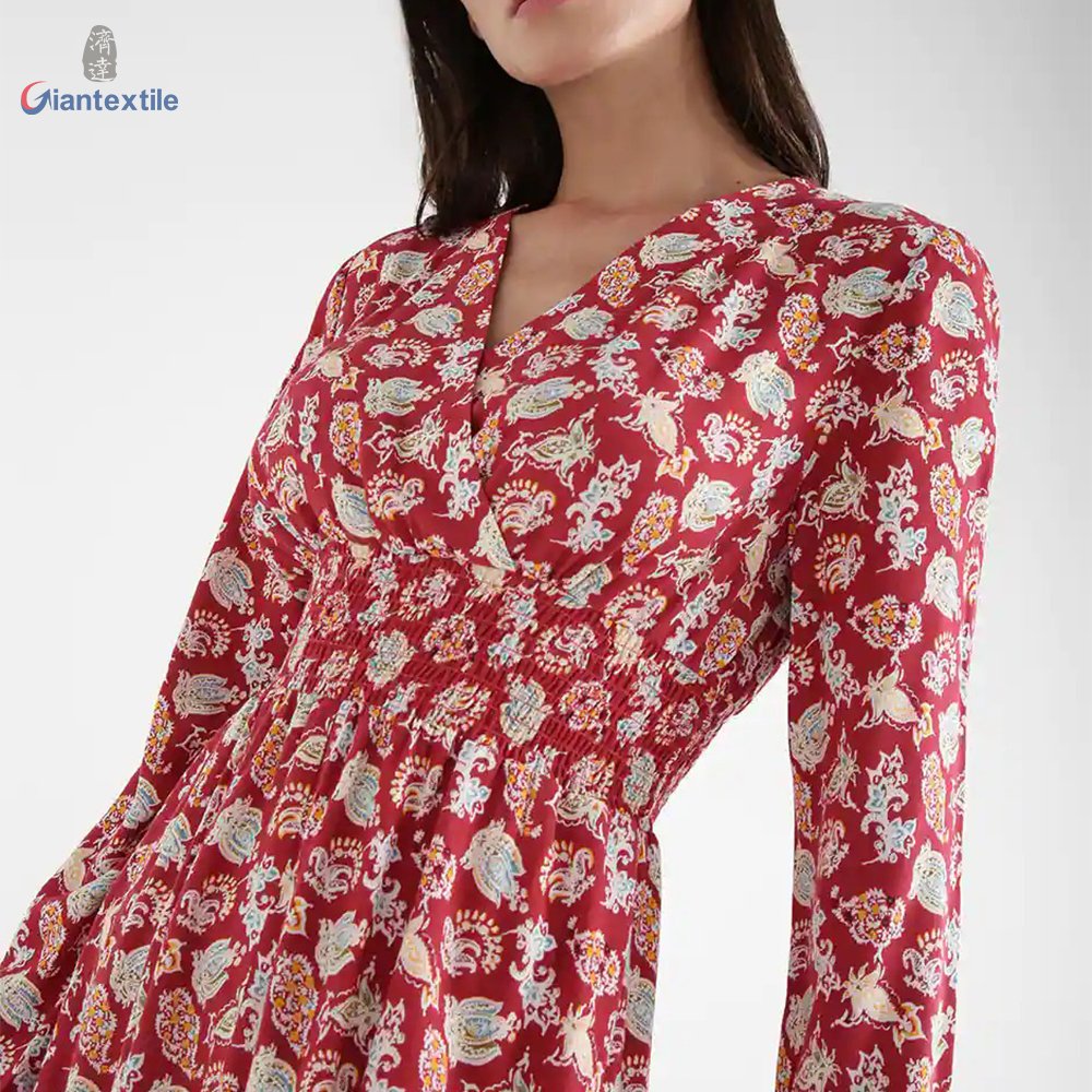 Support Custom Long-Sleeve Floral Print 100% Viscose Women Print Dress With V-neck