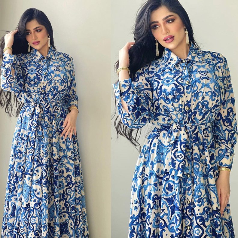 Latest Design Middle East Muslim Dress Vintage Print Large Swing Skirt Shirt Dress Elegant Casual Dresses