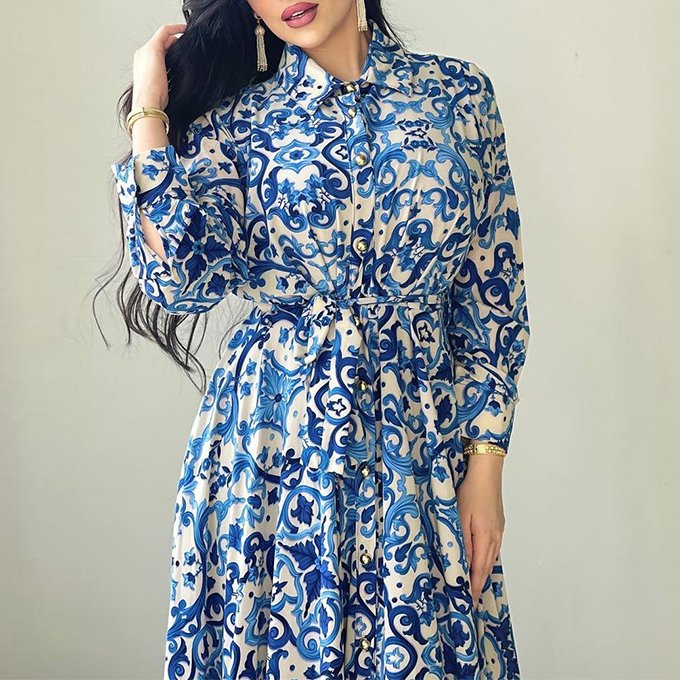 Latest Design Middle East Muslim Dress Vintage Print Large Swing Skirt Shirt Dress Elegant Casual Dresses