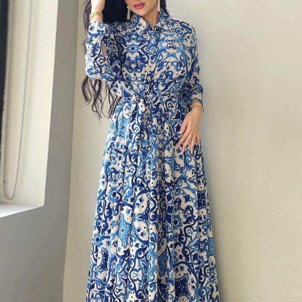 Latest Design Middle East Muslim Dress Vintage Print Large Swing Skirt Shirt Dress Elegant Casual Dresses