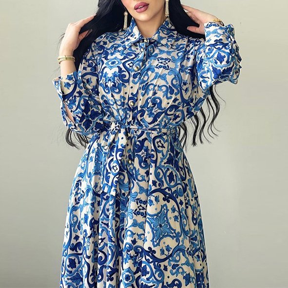 Latest Design Middle East Muslim Dress Vintage Print Large Swing Skirt Shirt Dress Elegant Casual Dresses