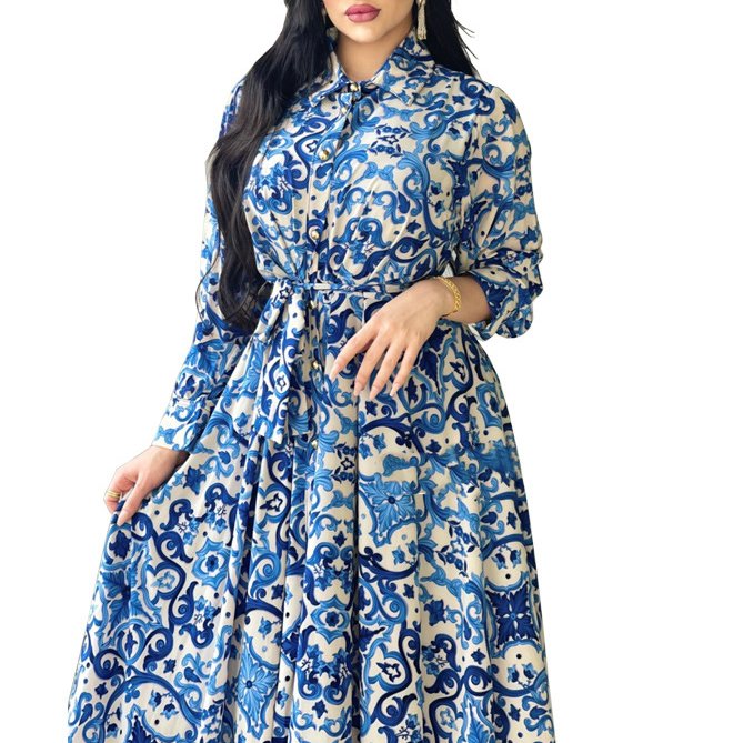 Latest Design Middle East Muslim Dress Vintage Print Large Swing Skirt Shirt Dress Elegant Casual Dresses