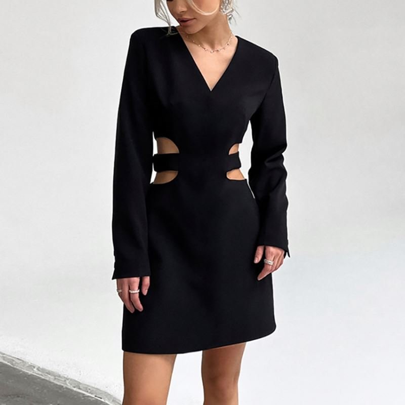 China Fashion Slim Sexy Long Sleeve A-Line Casual Dresses Hollow Out Design Long Backless V Neck Casual Dress