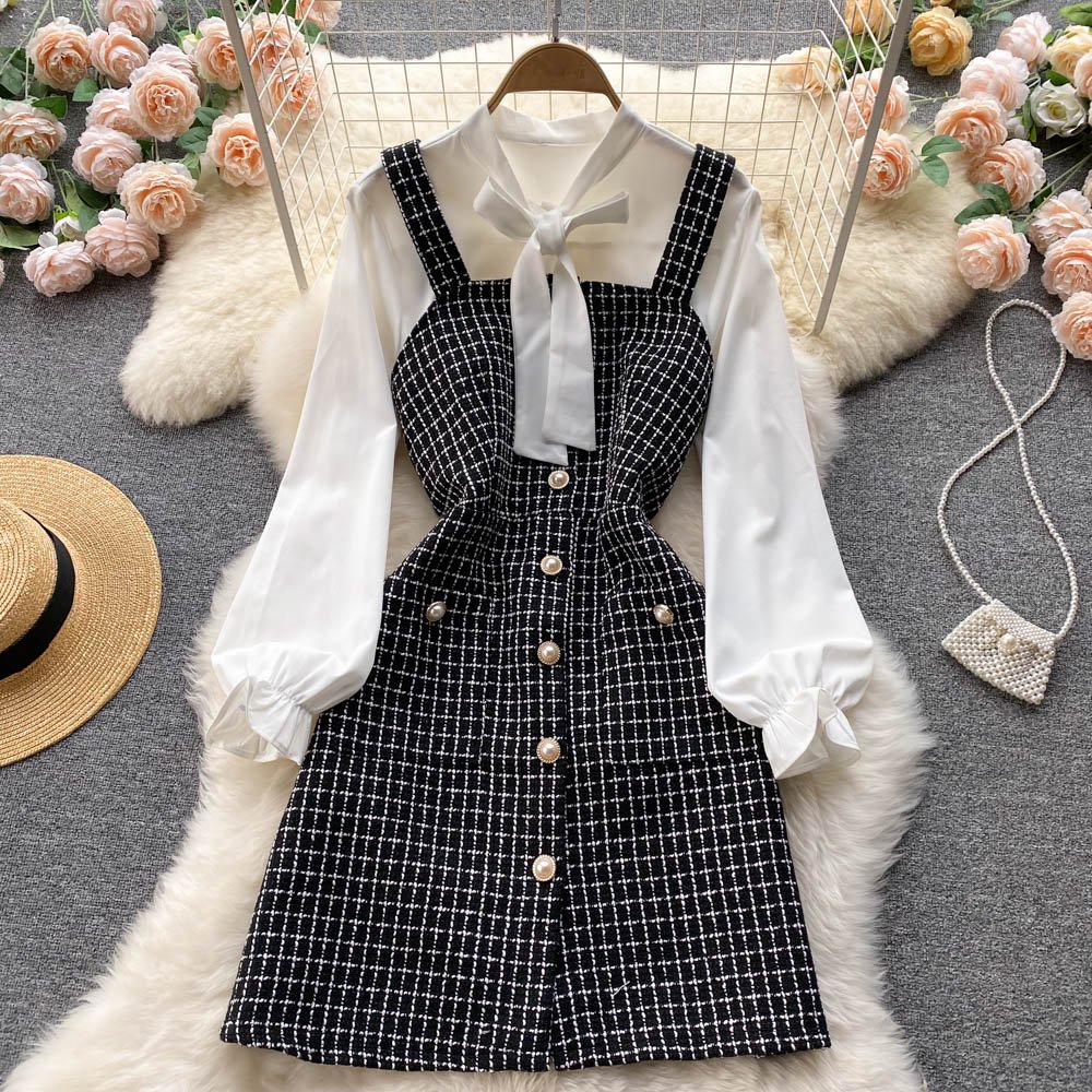 Long Sleeve O-Neck Solid Spaghetti Slip Dress Autumn Bow High Waist Knee-Length Dress Ladies Casual Dress Clothes Women