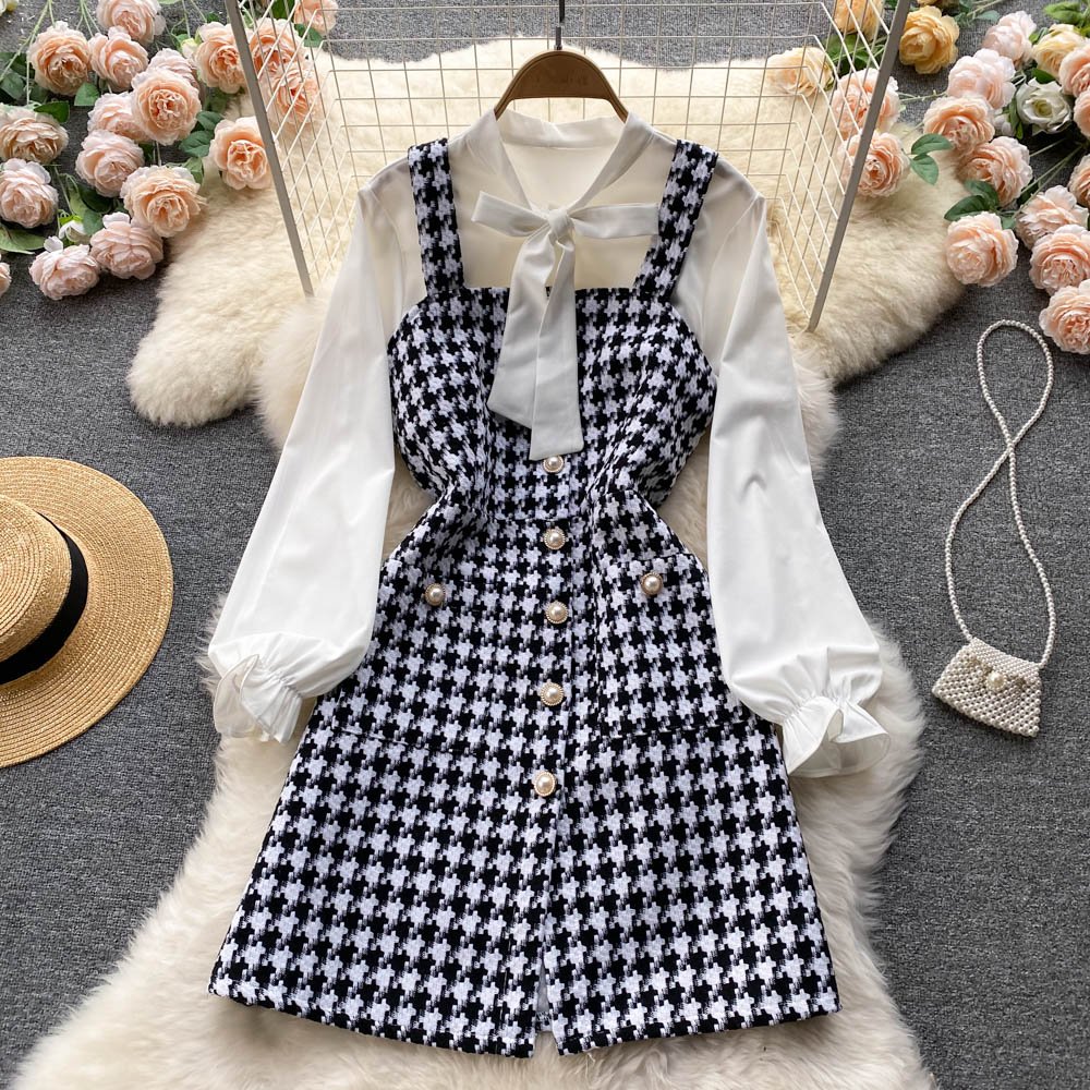 Long Sleeve O-Neck Solid Spaghetti Slip Dress Autumn Bow High Waist Knee-Length Dress Ladies Casual Dress Clothes Women