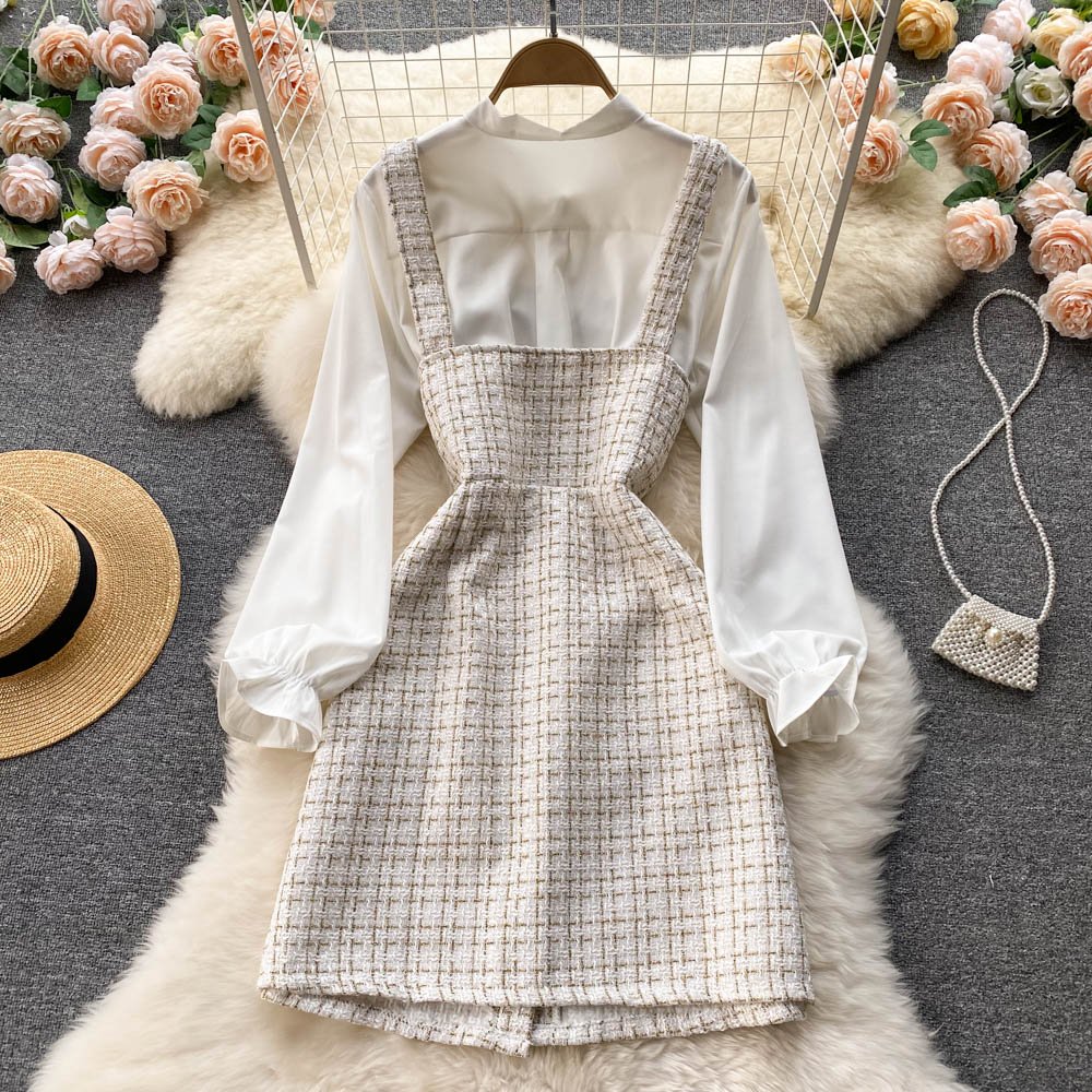 Long Sleeve O-Neck Solid Spaghetti Slip Dress Autumn Bow High Waist Knee-Length Dress Ladies Casual Dress Clothes Women