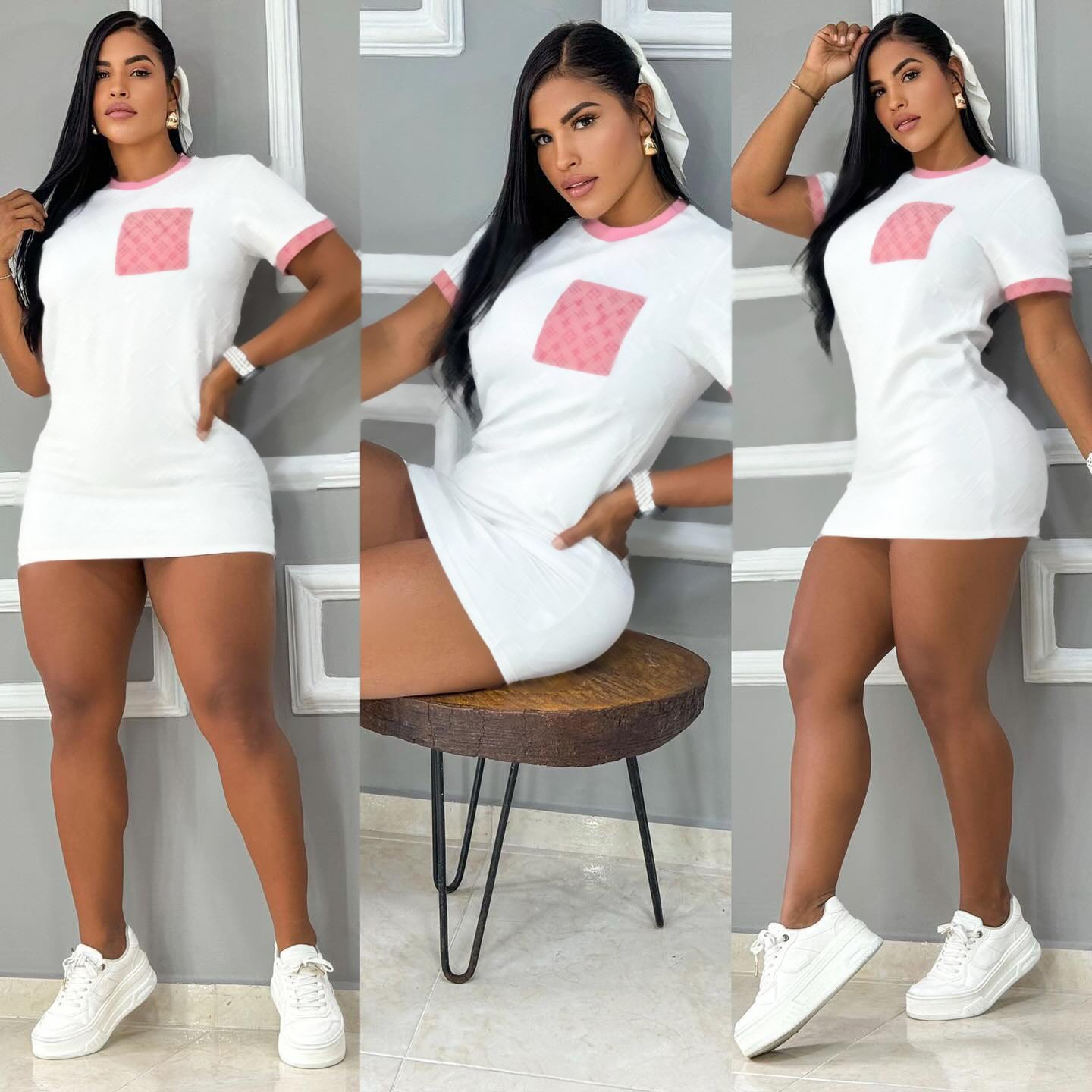 Wholesale designer clothing summer short sleeve embossed dress fashion brand white casual shirt dresses women