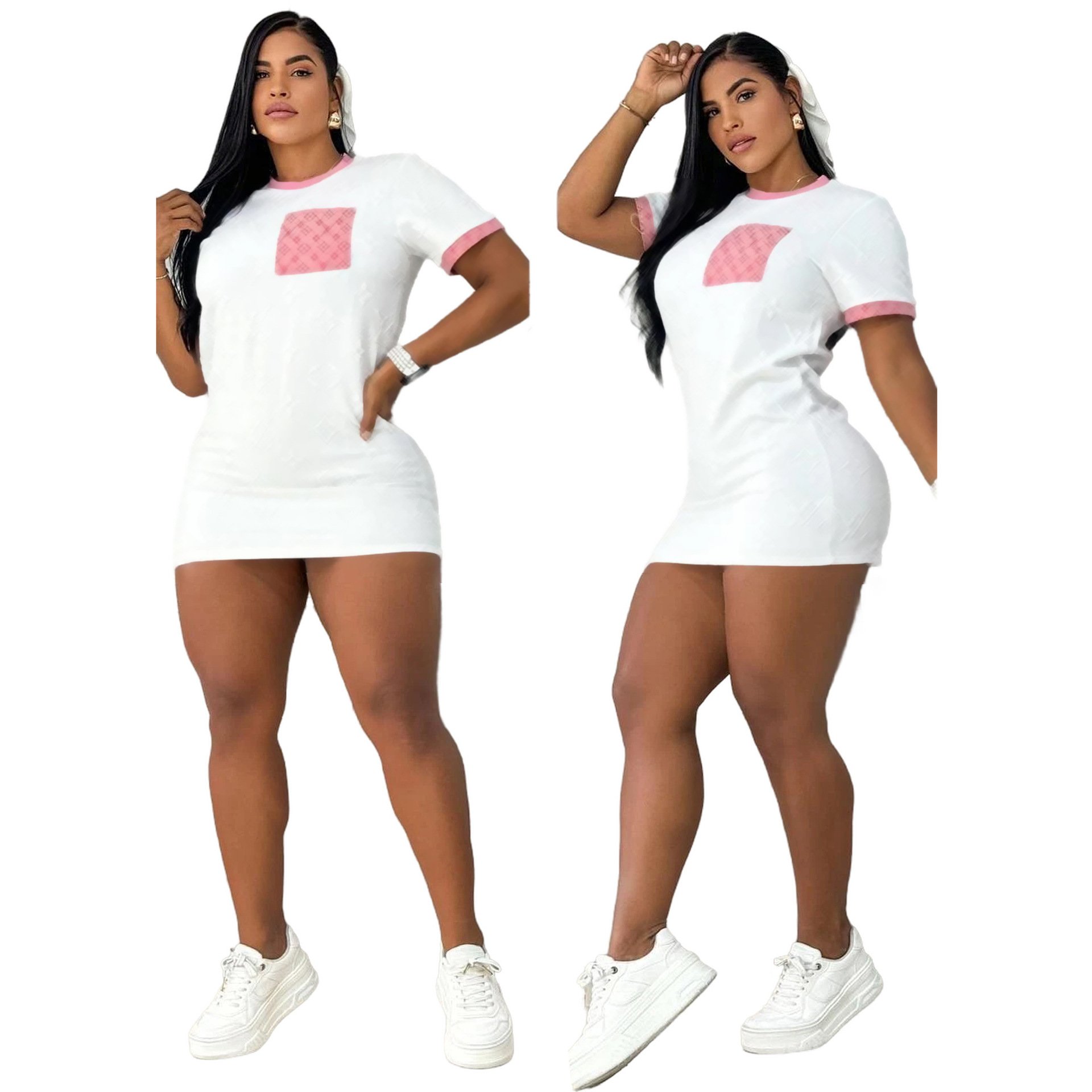 Wholesale designer clothing summer short sleeve embossed dress fashion brand white casual shirt dresses women