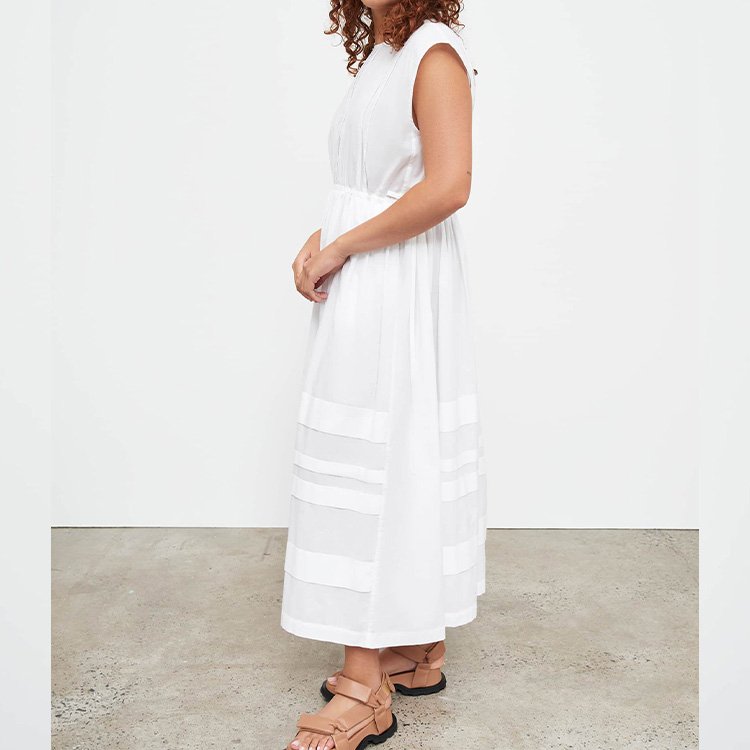 Shirt Round Neck Sleeveless Casual Long White Dresses For Woman Elegant Casual Dress With Hidden Side Pockets