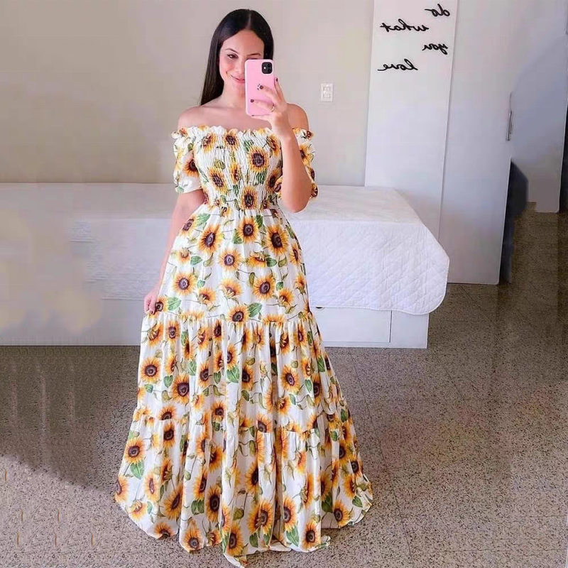 2023 New Arrivals Fashion Ladies Long Summer One-shoulder Floral Dress Women Clothing Casual Dresses Women's Maxi Dresses
